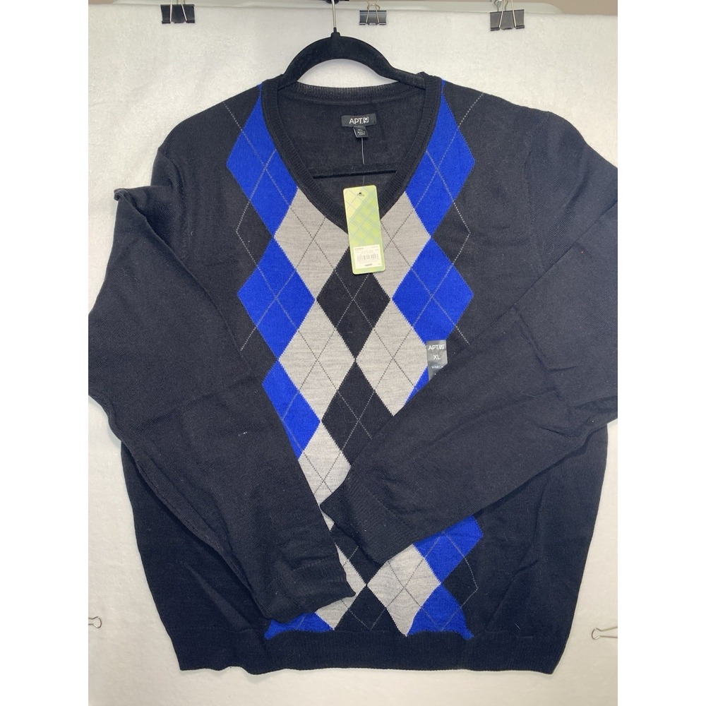 Apt 9 Sweater Mens XL Black Blue Grey Argyle V-Neck Long Sleeve Knit Pullover